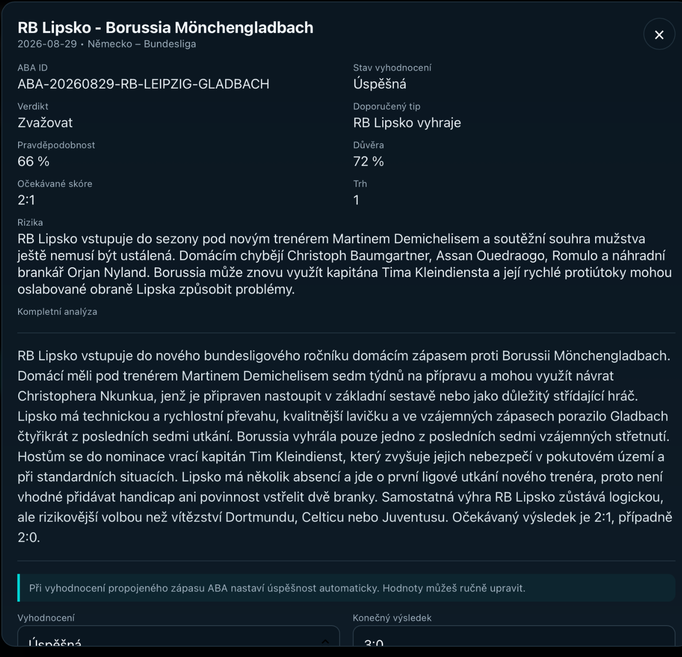 Detail fotbalové analýzy Lipska v ABA